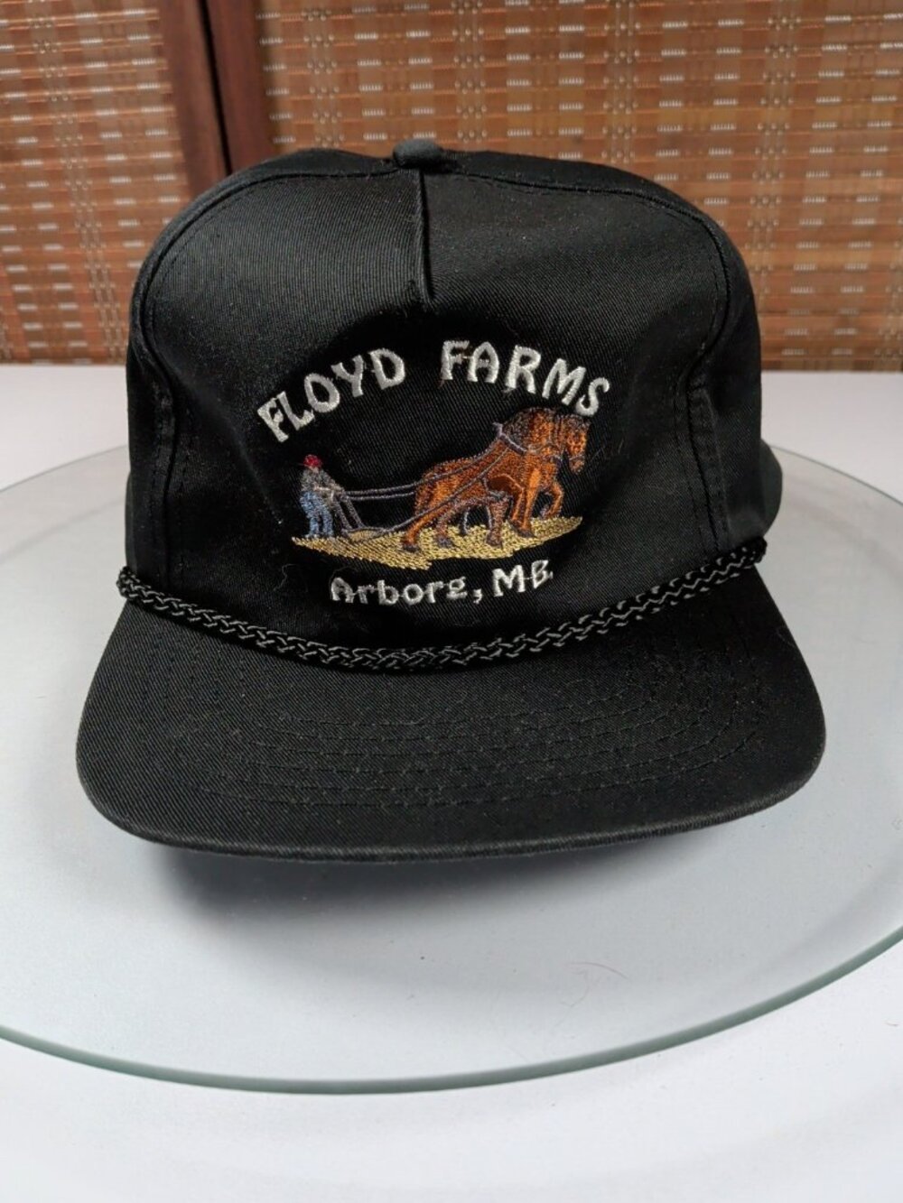 Vintage-style Black Snapback Trucker Hat "Floyd Farms" in Arborg Manitoba